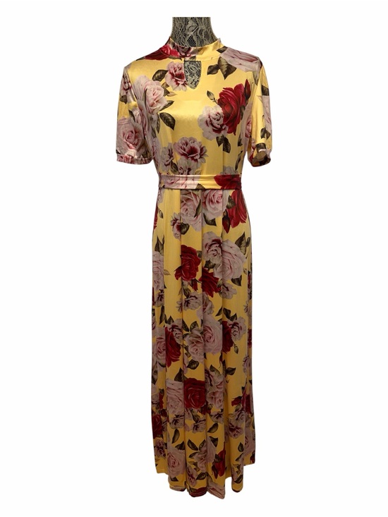 Dresses & Skirts - Floral Maxi Dress XL Yellow Pink Rose Print Empire Waist Keyhole Neck